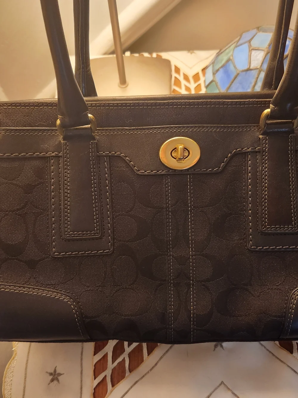 Coach Black Signature Canvas Turnlock Tote